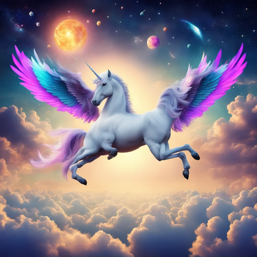 a winged flying unicorn planets and a band of flying unicorns in the back sunrise lighting beautifull fantasy