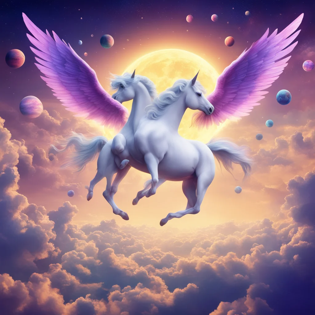 a winged flying unicorns planets and a band of flying unicorns in the back sunrise lighting beautifull fantasy