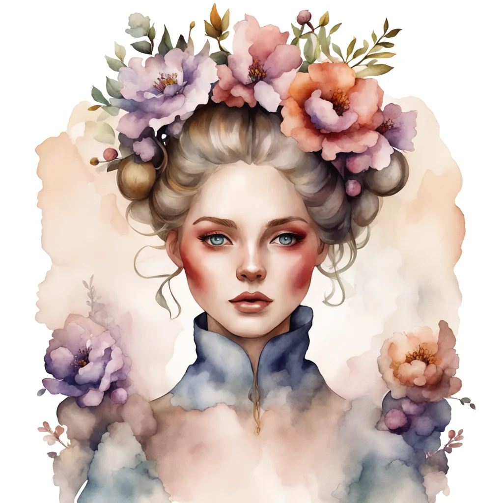 a wispy eccentric medieval woman Hair up in bun Small flowers in hair Beautiful face Inside alchemists store Flasks Symm