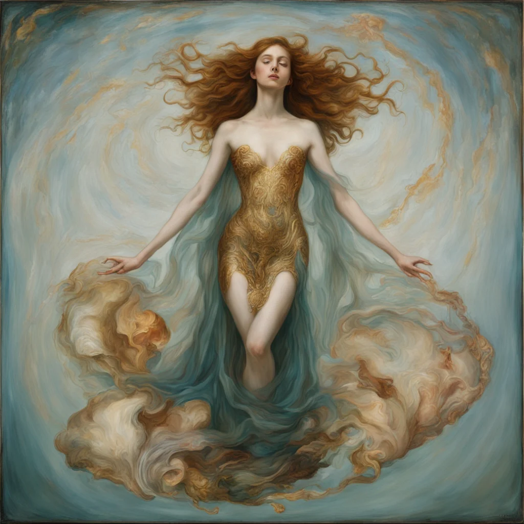 a woman full body visible floating ethereal thin film oil slick pre raphaelite Botticelli Alexander McQueen seashells go