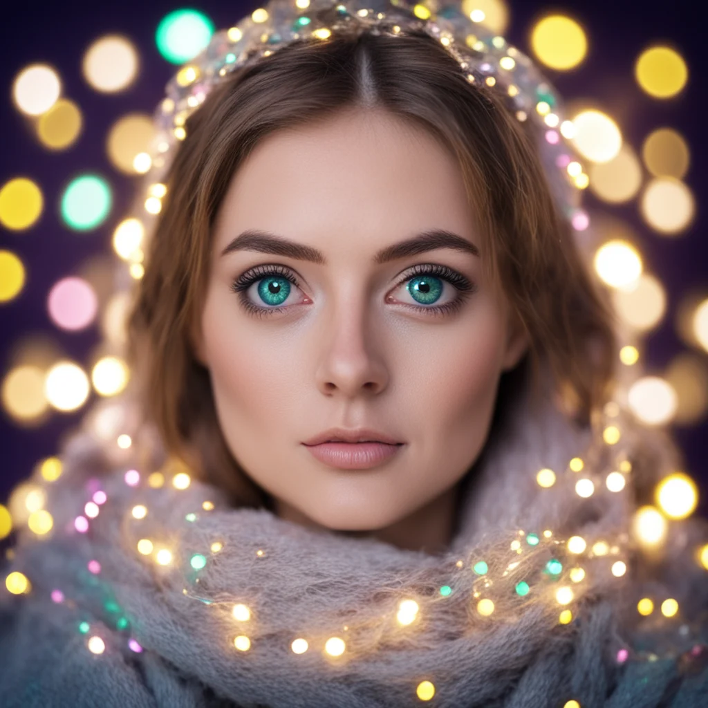 a woman with big eyes wrapped in fairy lights w 1080 h 720