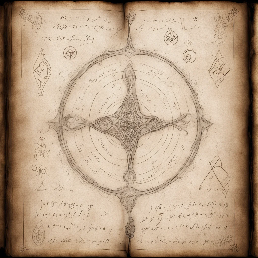 a written arcane spell on an open vellum book in elven language and strange symbols aspect 21