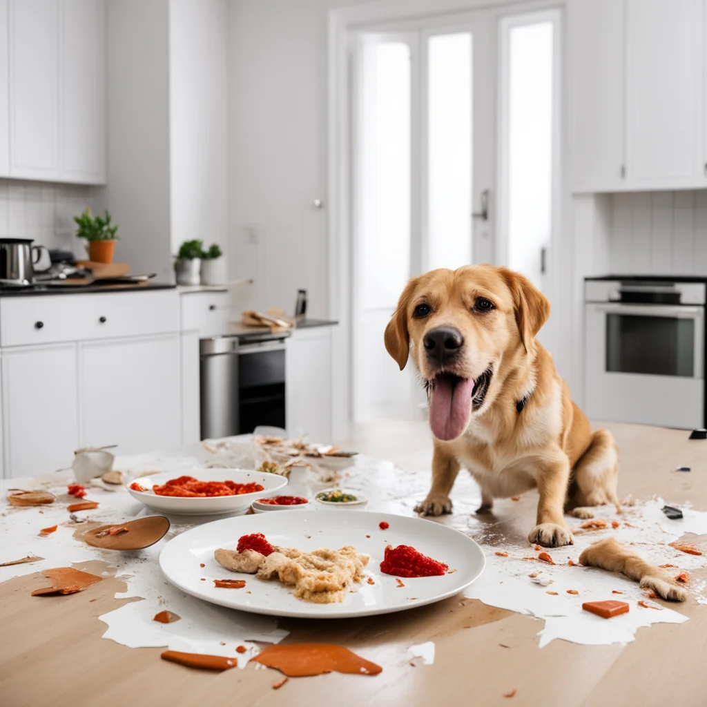 a yelling woman points an accusatory finger at a guilty faced Labrador A plate is smashed on the floor next to the table