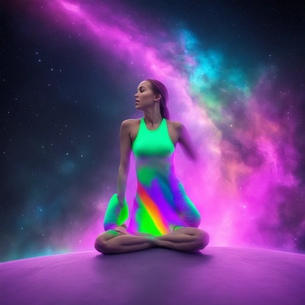 a yoga teacher in space with neon rainbows