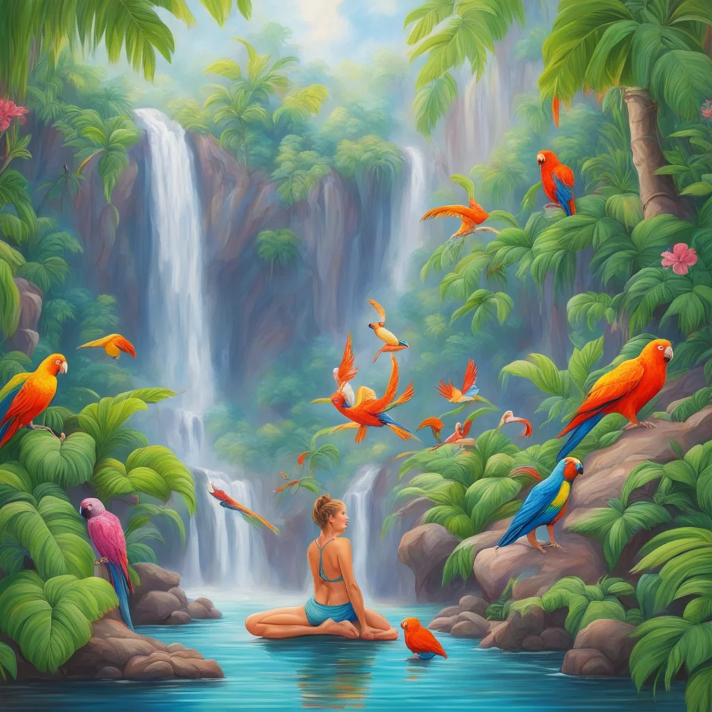 a yoga teacher posing by a waterfall parrots in trees tropical paradise detailed painting