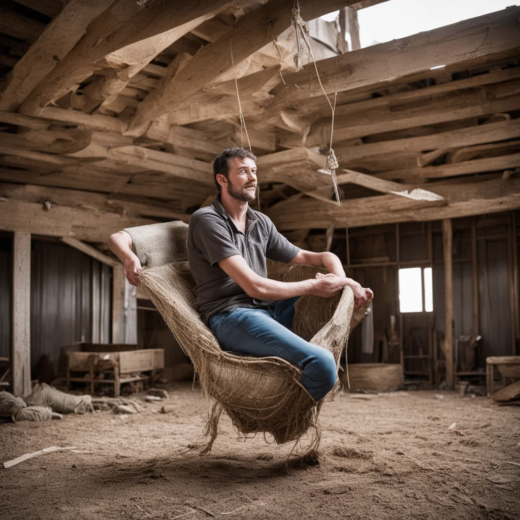 a young farmer delivering a living chair that isbeing born out of a womb suspended from the rafters of a barn