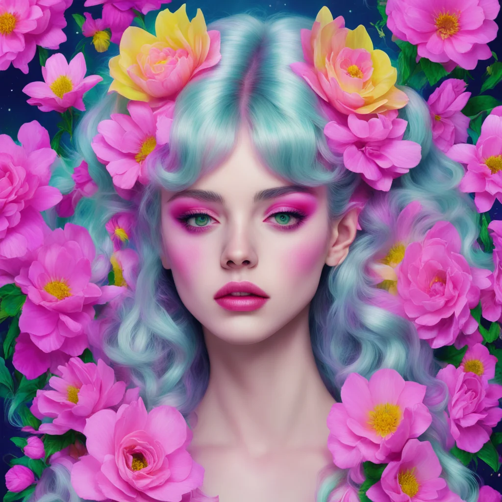 a young woman mix of grimes and Lana Del Rey inspired by sailor moon aesthetic and Möbius oil slick Bunches of flowers —