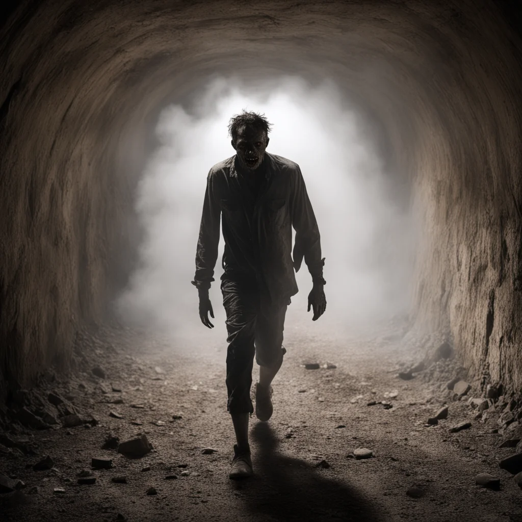 a zombie walking through a dust cloud coming towards the camera in an old abandoned mine tunnel