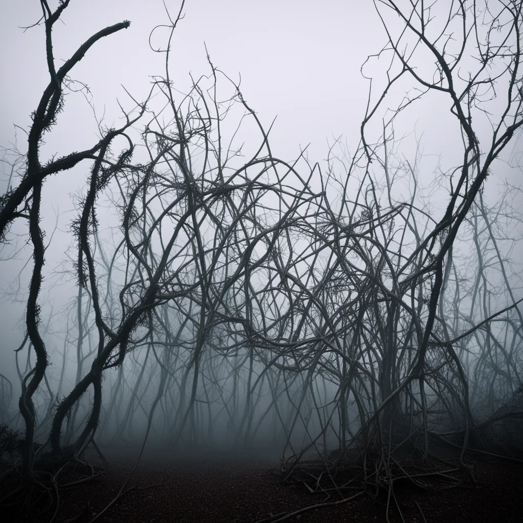 abandonded rollercoaster made of twisted branches and thorns fog spooky moddy lighting horror terror distorted organic s