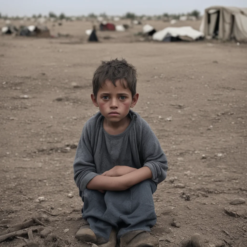 abandoned miserable child from Syria in a refugee field camp 4K no noise ar 43