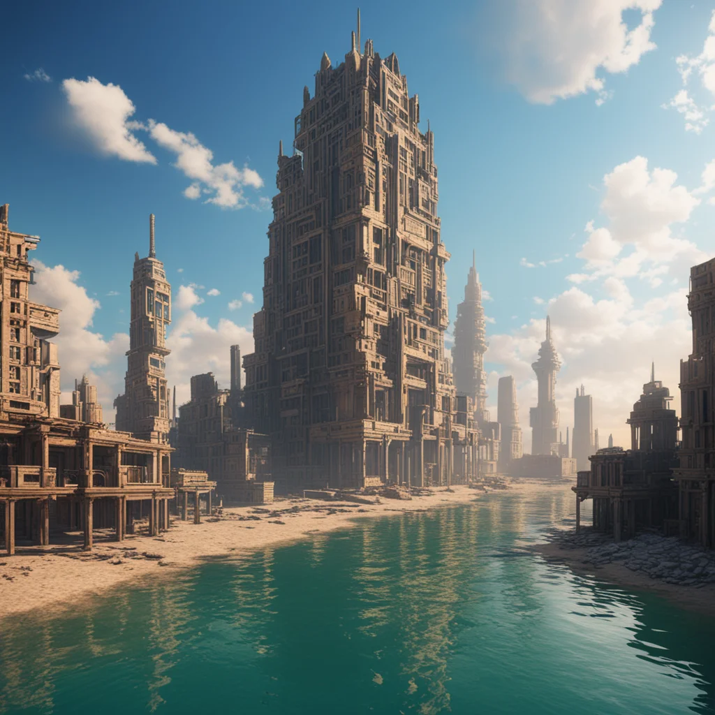abandonedarab city with babylon tower in the center cyberpunk flooded octane render unreal engine fantasy science fictio