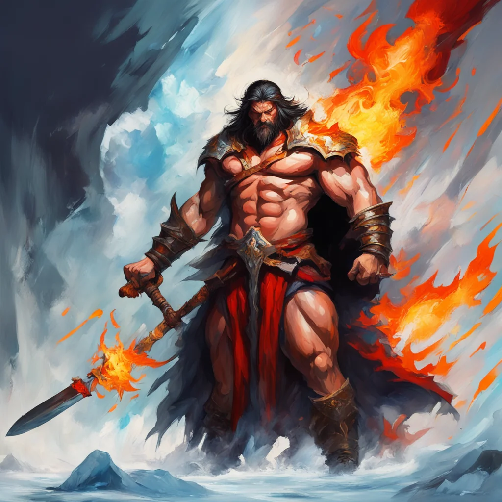 abstract expression painting breathe embrace fire ice turncloak decmuscled barbarian axe and sword
