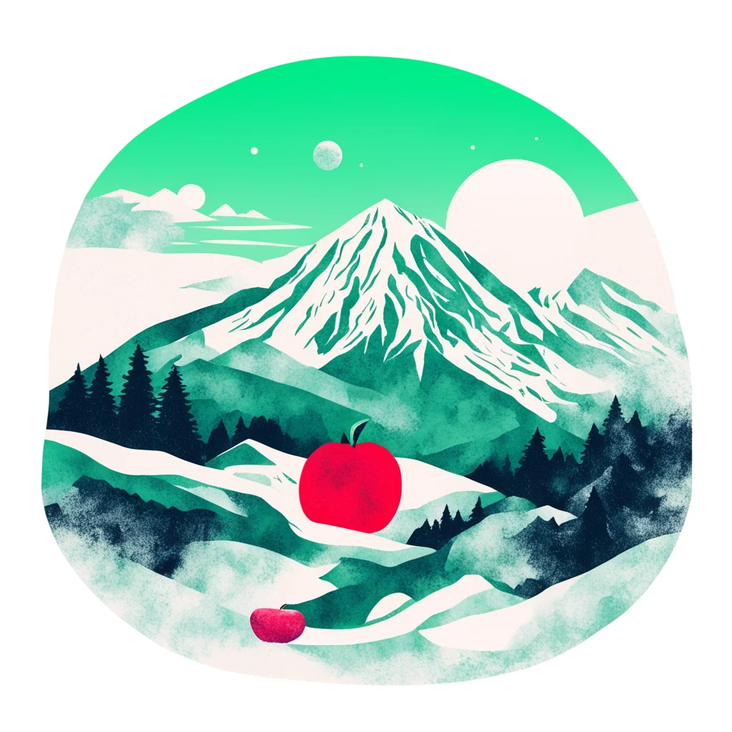 abstract risoprint illustration of snowcapped mountain and apple with work