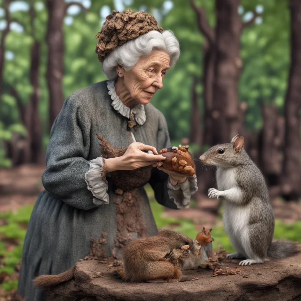 action figure of old Victorian woman feeding squirrels grotty old photograph hyper realism high detail 8k render