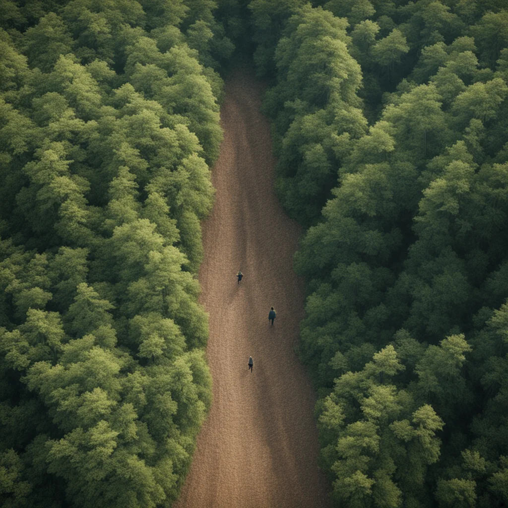 aerial view of girl walking out of forest environment beautifular 169