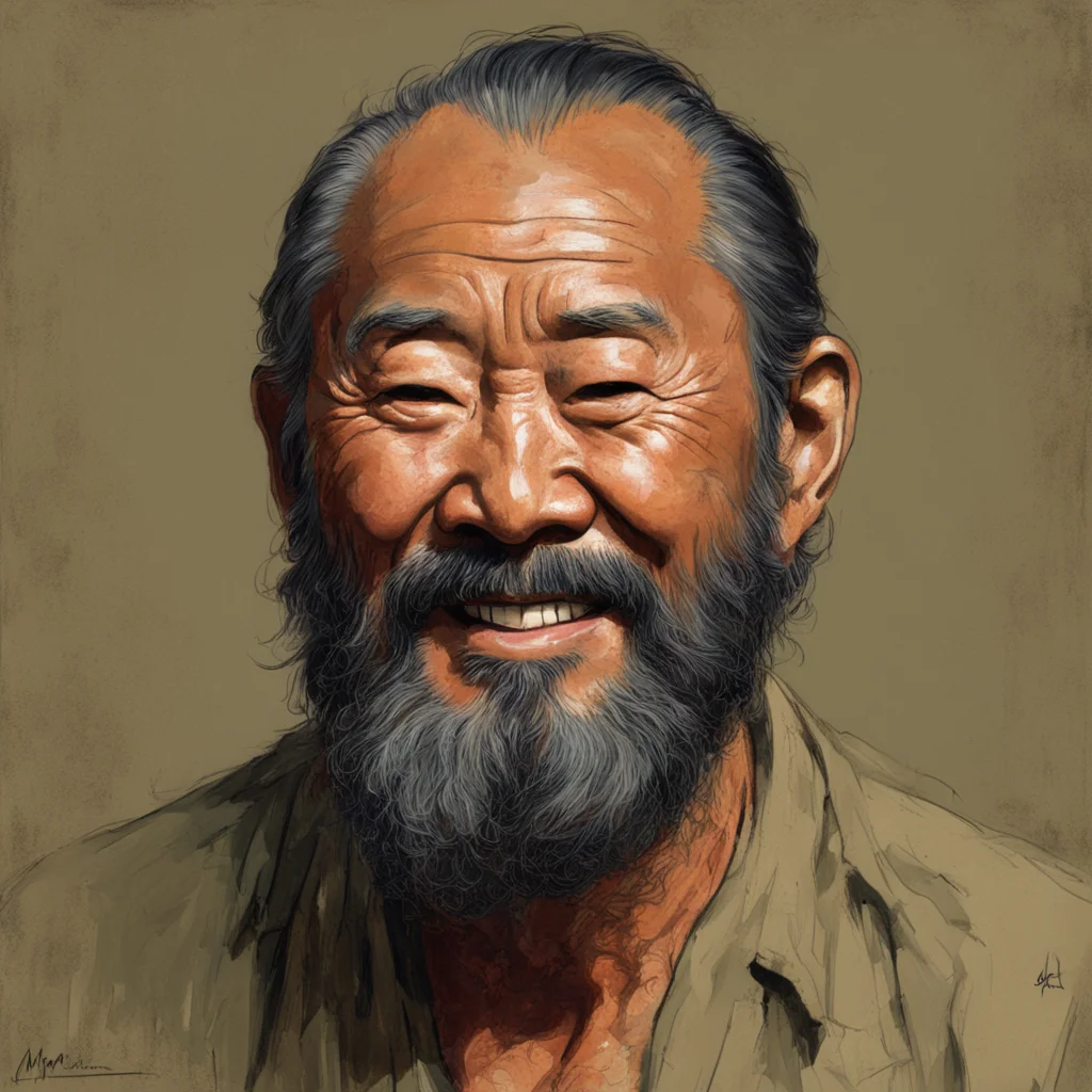 aged asian male long beard large nose happy portrait headshot by Robert McGinnis Craig Mullins ar 23