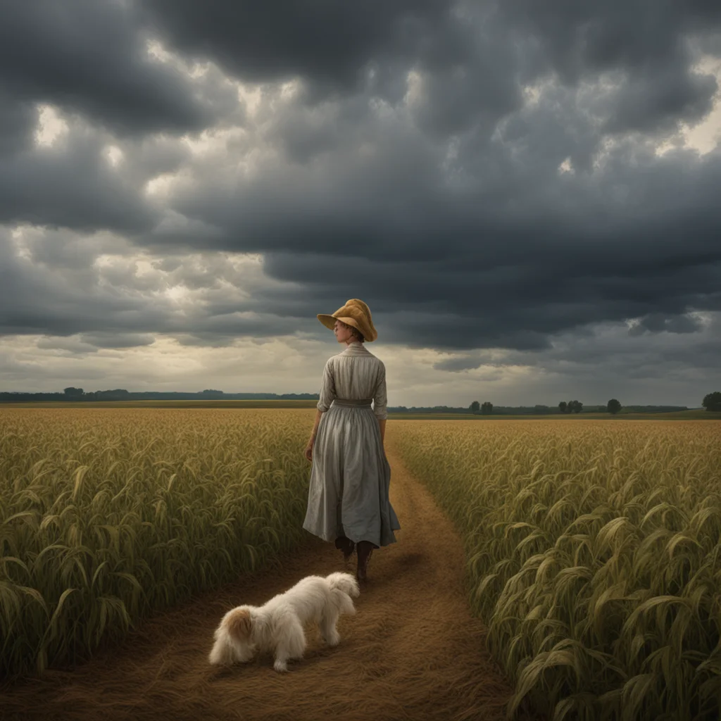 agriculture soybean field broken down combine 1800s woman in bonnet in field small dog stormy sky moody cinematic lighti