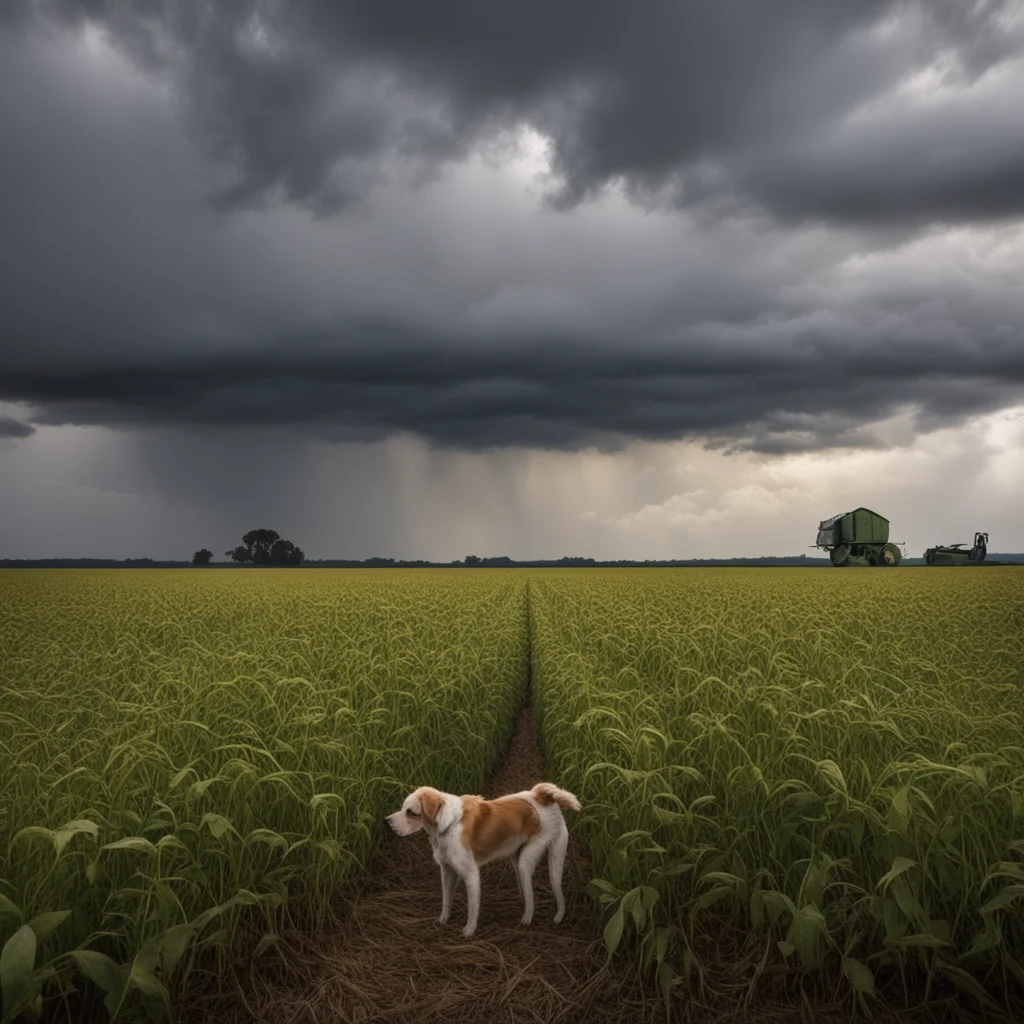 agriculture soybean field broken down combine small dog in field stormy sky moody cinematic lighting JMW Turner painting