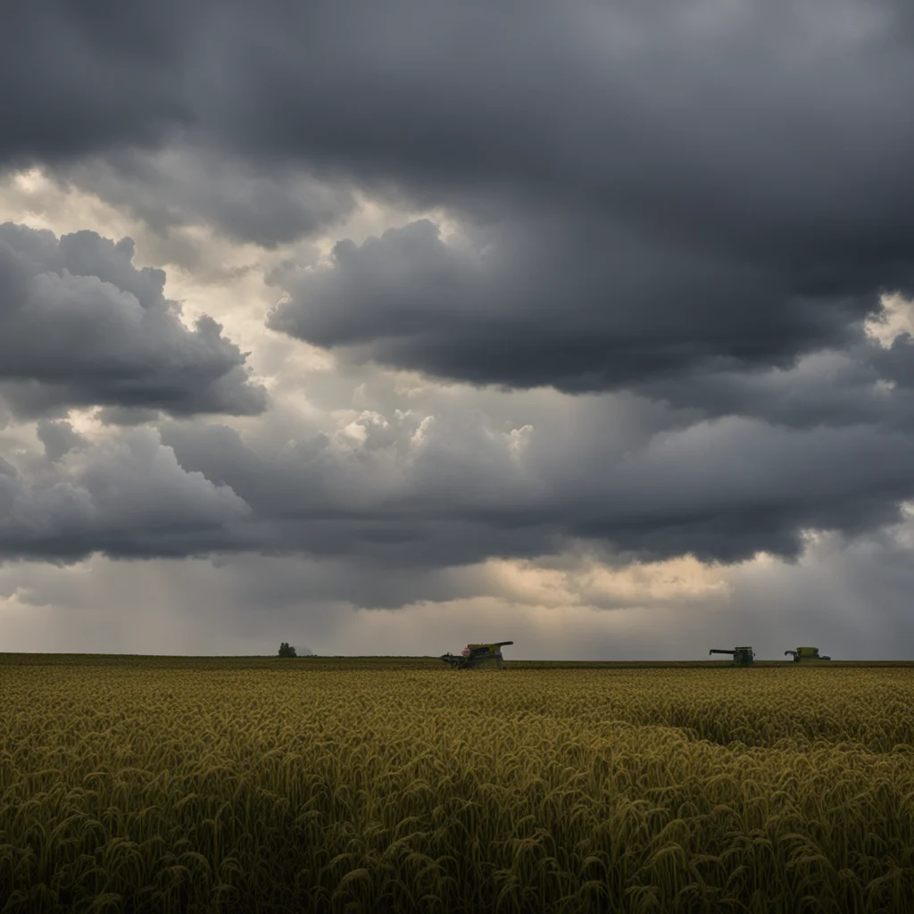 agriculture soybean field broken down combine woman in field stormy sky moody cinematic lighting JMW Turner painting —ar