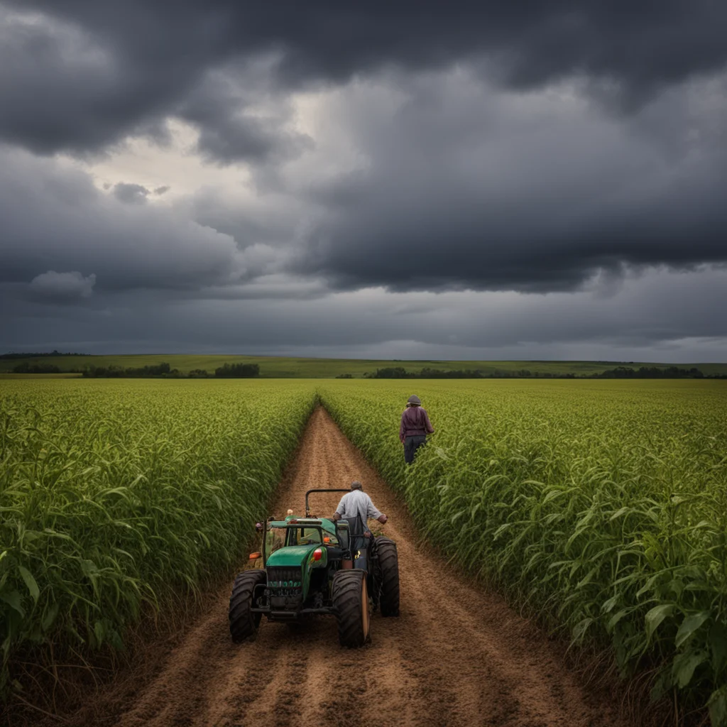 agriculture soybean field broken down tractor small dog lady in bonnet stormy sky moody cinematic lighting JMW Turner pa