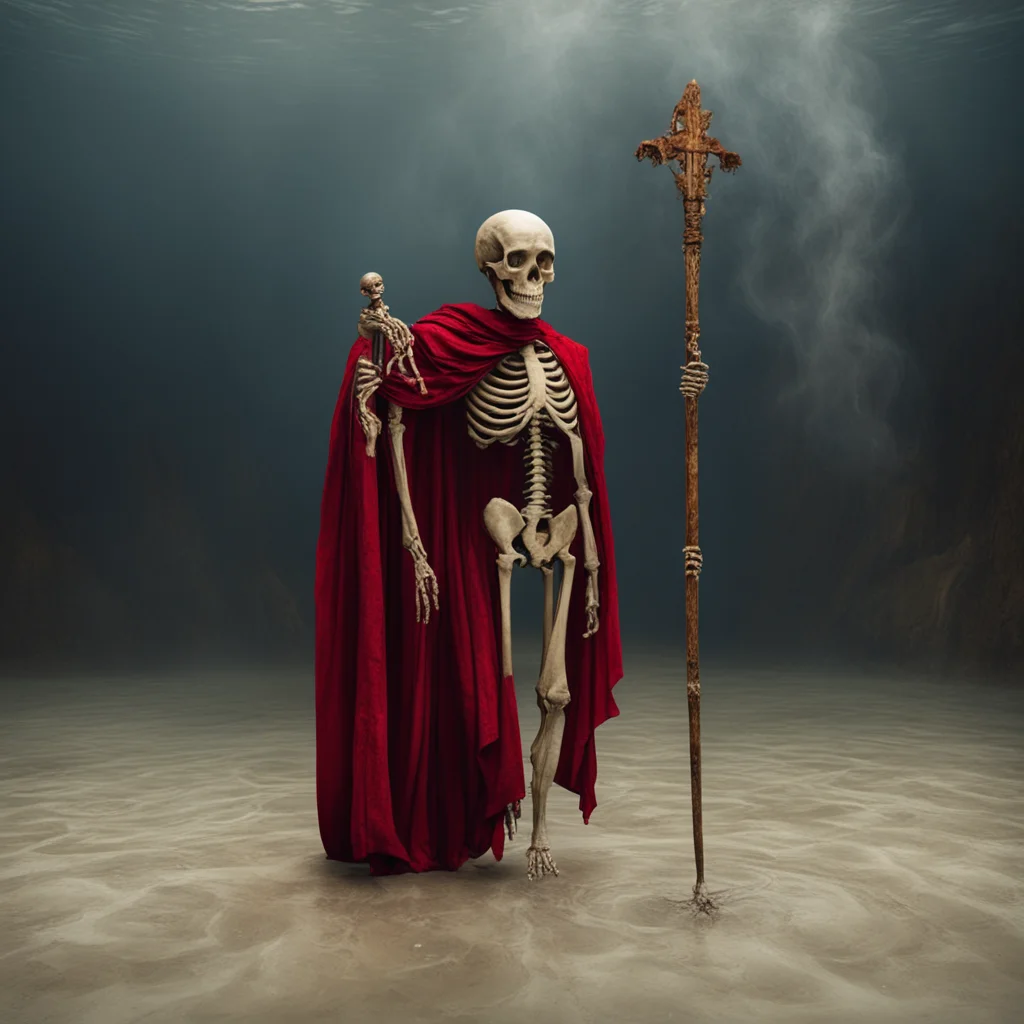ahuman skeleton and skull with aged bones and white skin hanging with red drapery holding a golden spear of power whilst stood in a dirty empty swimming pool 