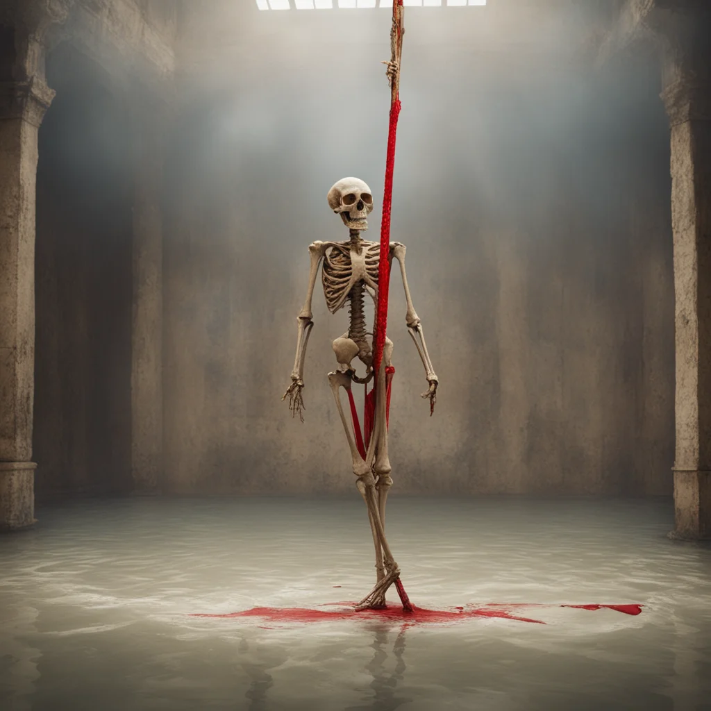 ahuman skeleton and skull with aged bones and white skin hanging with red drapery holding a golden spear of power whilst