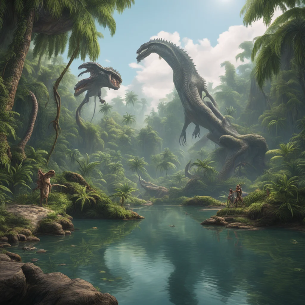 alien dinosaurs by a lake in a beutifull prehistoric densed jungle long shot establishing shot wide angle hyperrealistic
