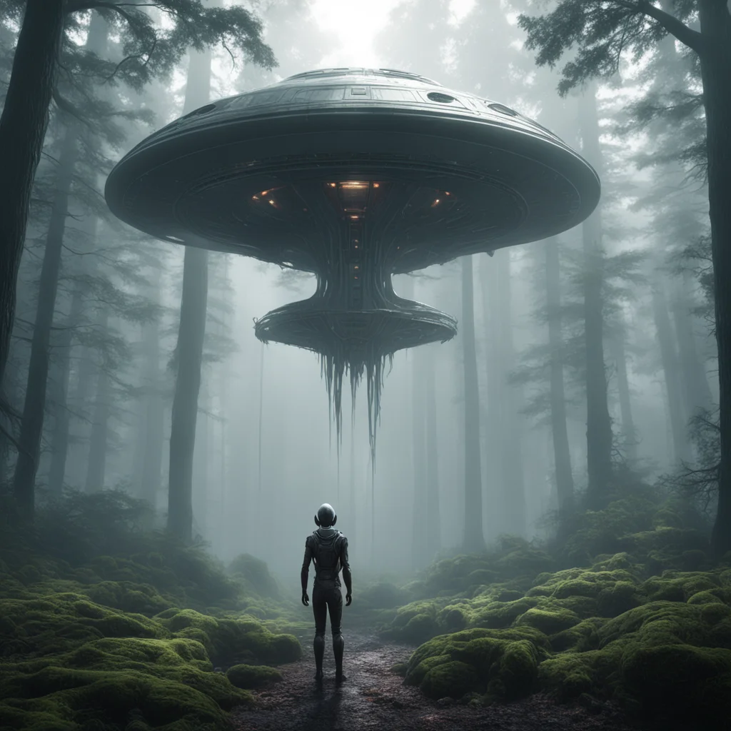 alien humanoid spaceship hazy forest 4k realistic highly detailed octane render praying ultra realistic