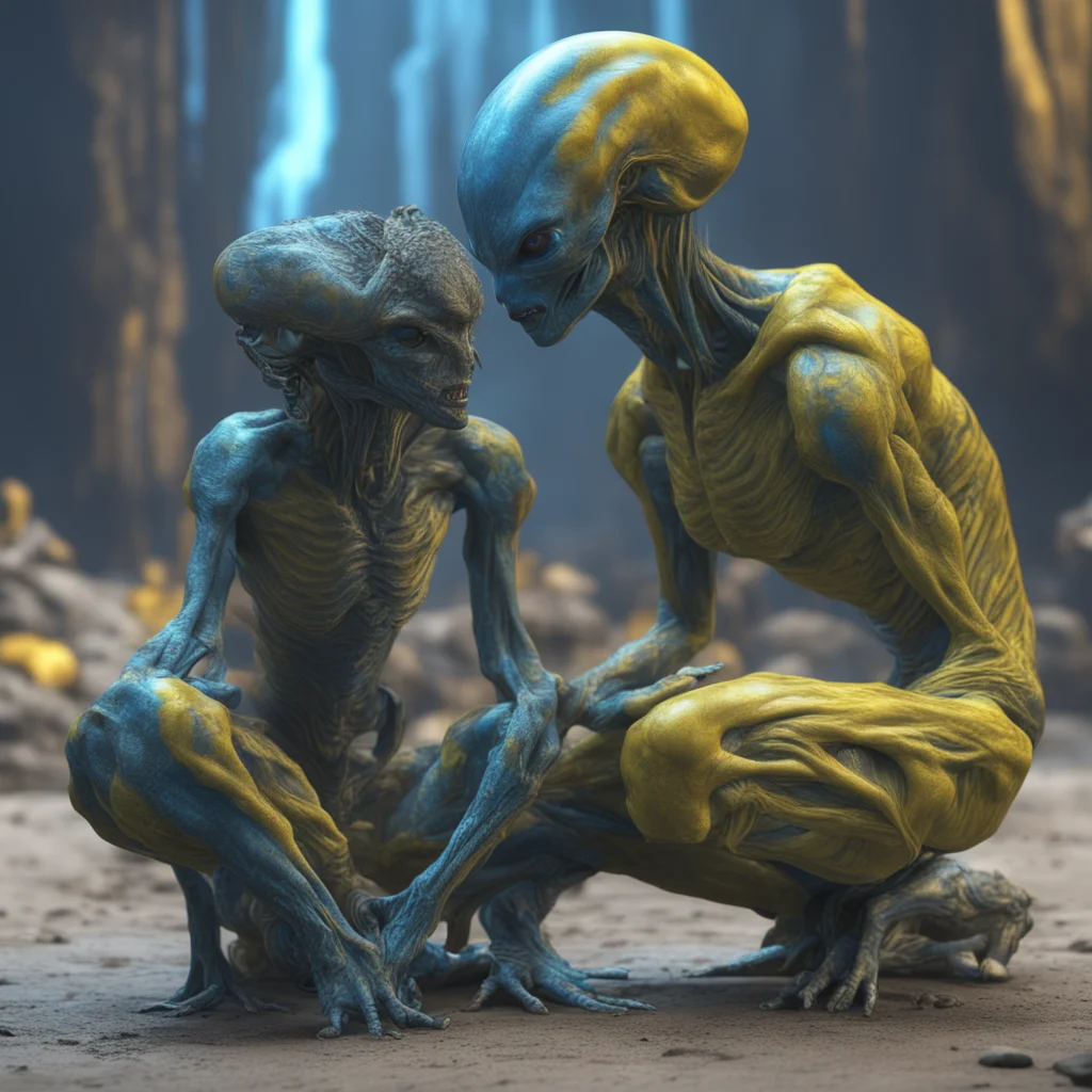 alien kneeled begging for mercy highly detailed and intricate hyper realistic yellow and blue sci fi artstation octane r
