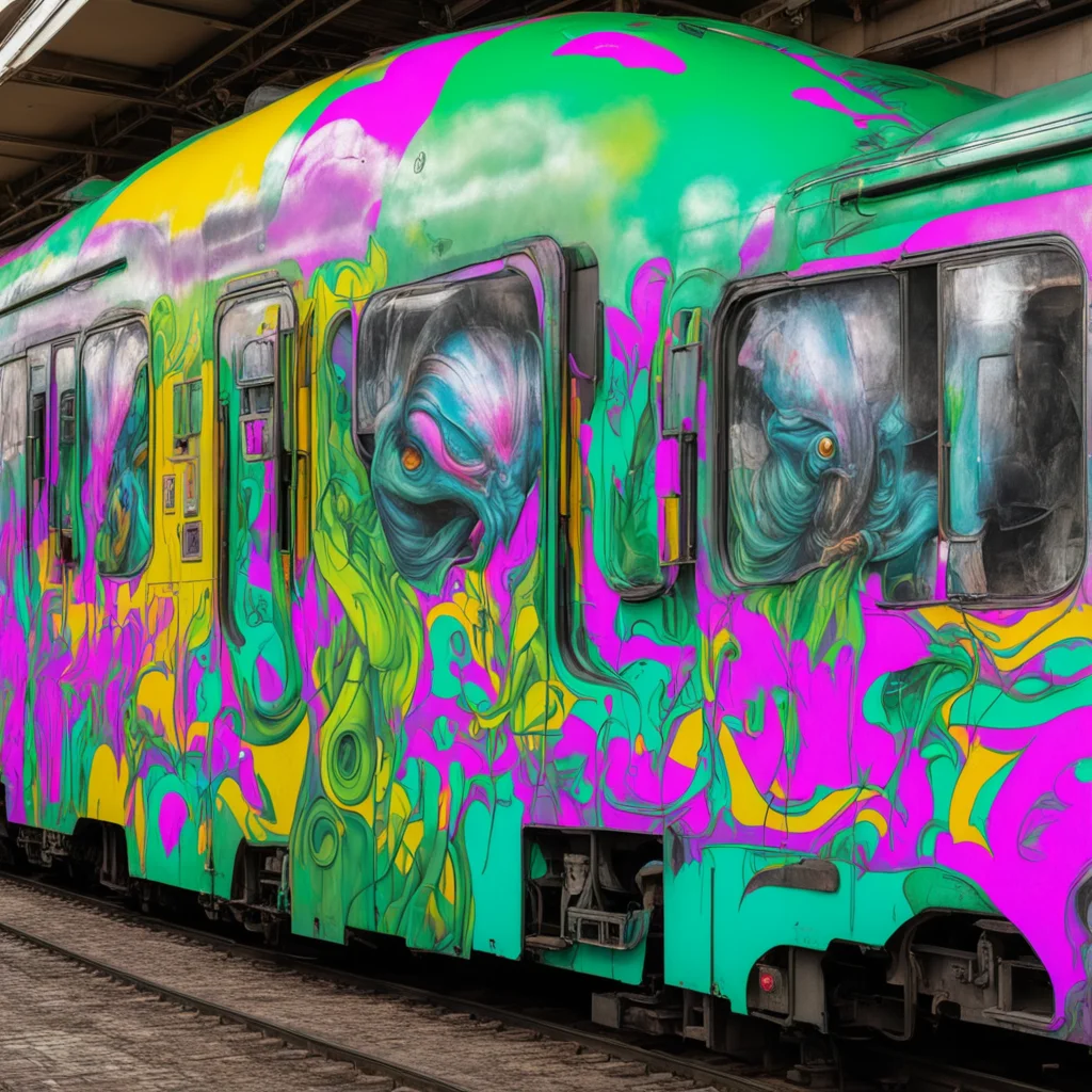 alien language graffiti wildestyle in caribbean colours on art noveau style train hyperrealism photorealistic w 600