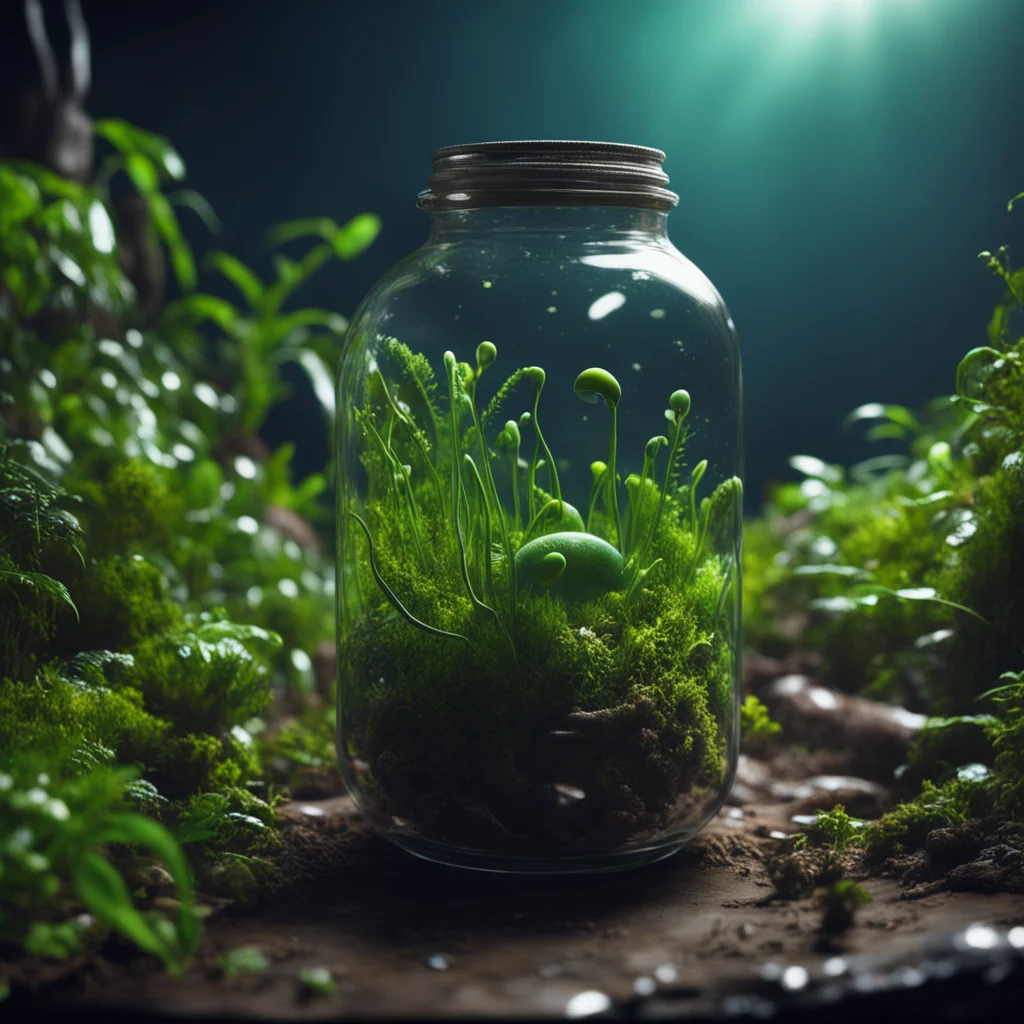 alien larvae in a jar with vegetation in alien environmentepic lightingaerial wide anglehighely detailedcinematic compos