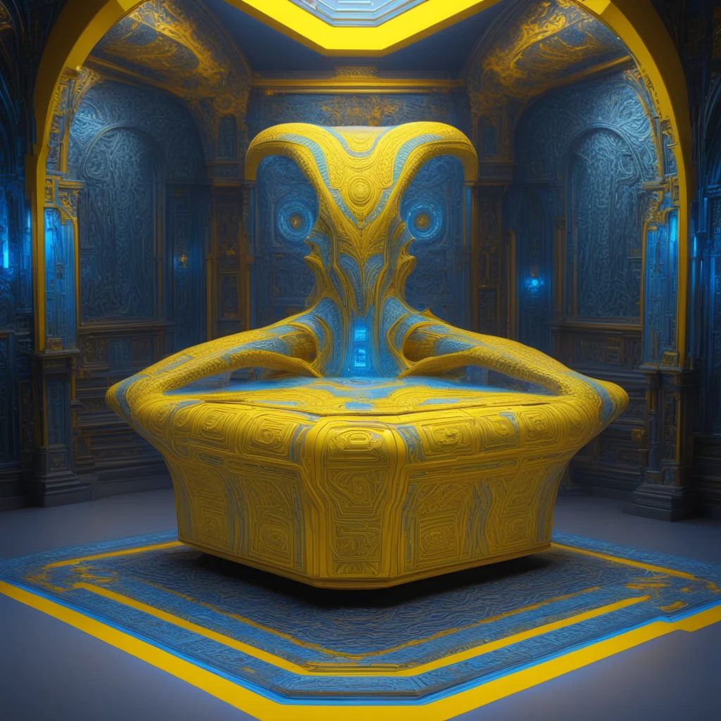 alien sarcophagus museum display patterns highly detailed and intricate hyper realistic yellow and blue volumetric light