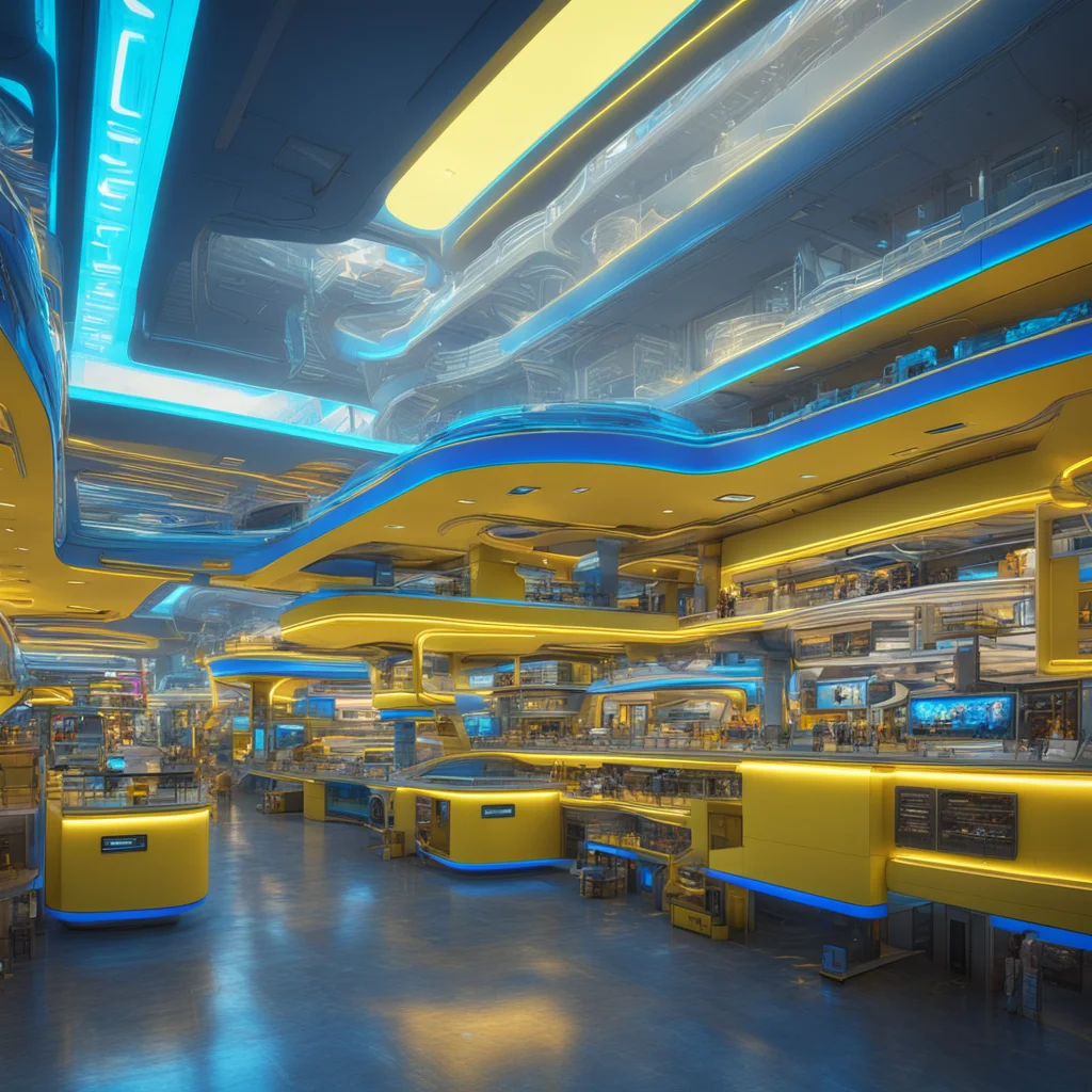 alien shopping mall atmospheric highly detailed and intricate hyper realistic yellow and blue sci fi artstation octane r