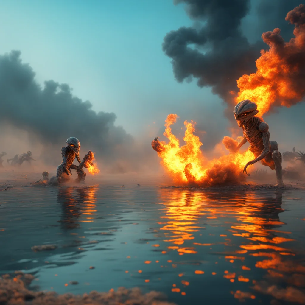 aliens fighting in a pond blue yellow and orange 8k desert smoke explosion hyper detailed octane render photorealistic a