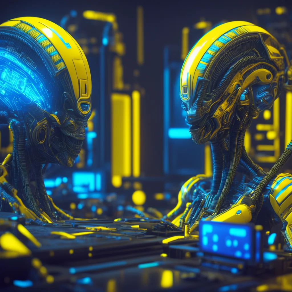 aliens working in futuristic computers aztek Pharaonic patterns blue and yellow 8k hyper detailed octane render photorea
