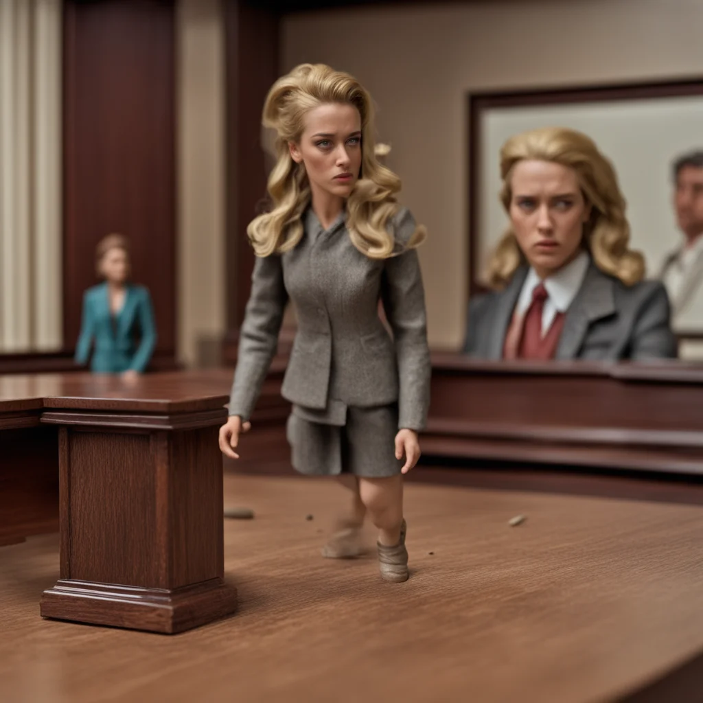 amber heard action figure in court room with judge photorealistic play set wide shot high detailed weathered dirty 1980s toy