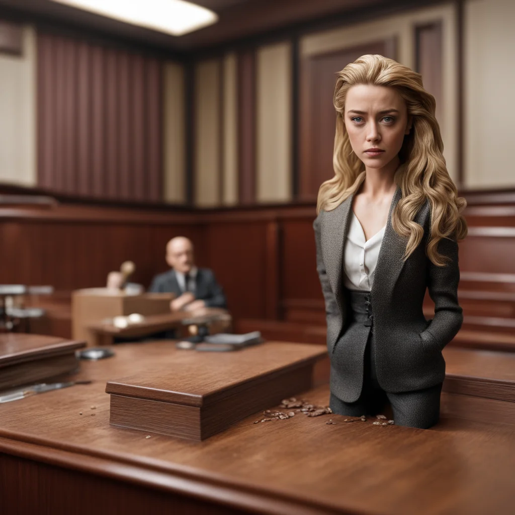 amber heard action figure in court room with judge photorealistic play set wide shot high detailed weathered slightly di