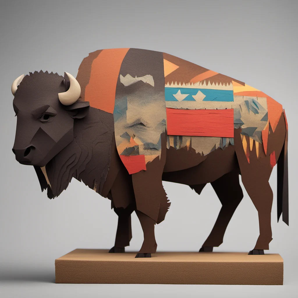 american bison buffalo in style of Northwest Native art8 a film by Wes Anderson4 Western cinema 35mm4 3D paper construction paper silkscreen printing g