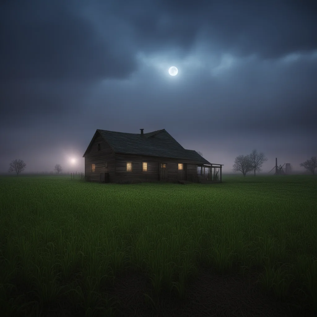 american farm at night surreal volumetric light volumetric mist atmospheric epic terrifying hyperrealistic megalophobia 8k ar 41
