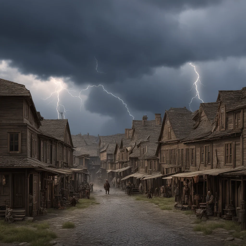 an 1800s populated western town with stormy clouds lightning in the sky  dramatic epic lighting cinema cinematic HD Octa