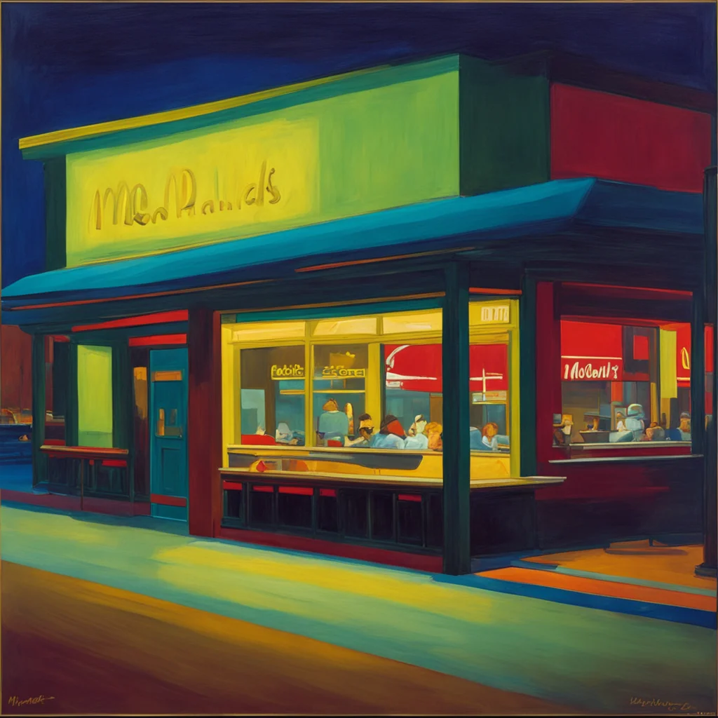 an Edward Hopper painting of McDonalds restaurant at night based on nighthawks