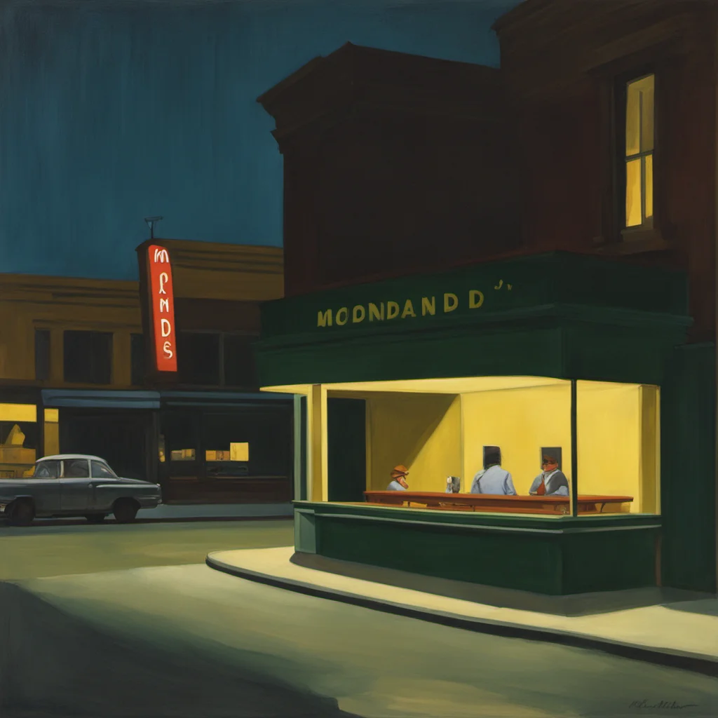 an Edward Hopper painting of McDonalds restaurant golden arch at night based on nighthawks