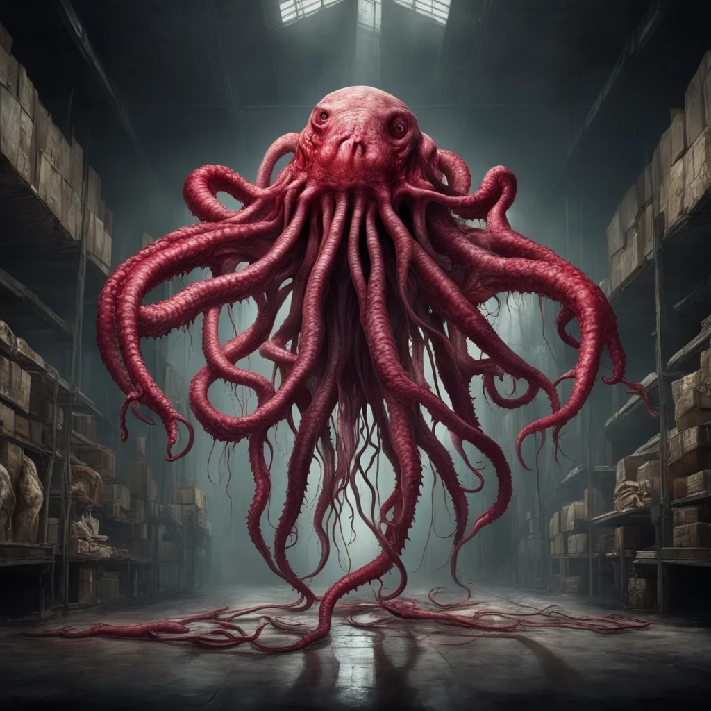 an Eldritch Cthulhu creature bursting out of a human body in a realistic old warehouse interior skin claws tentacles jel