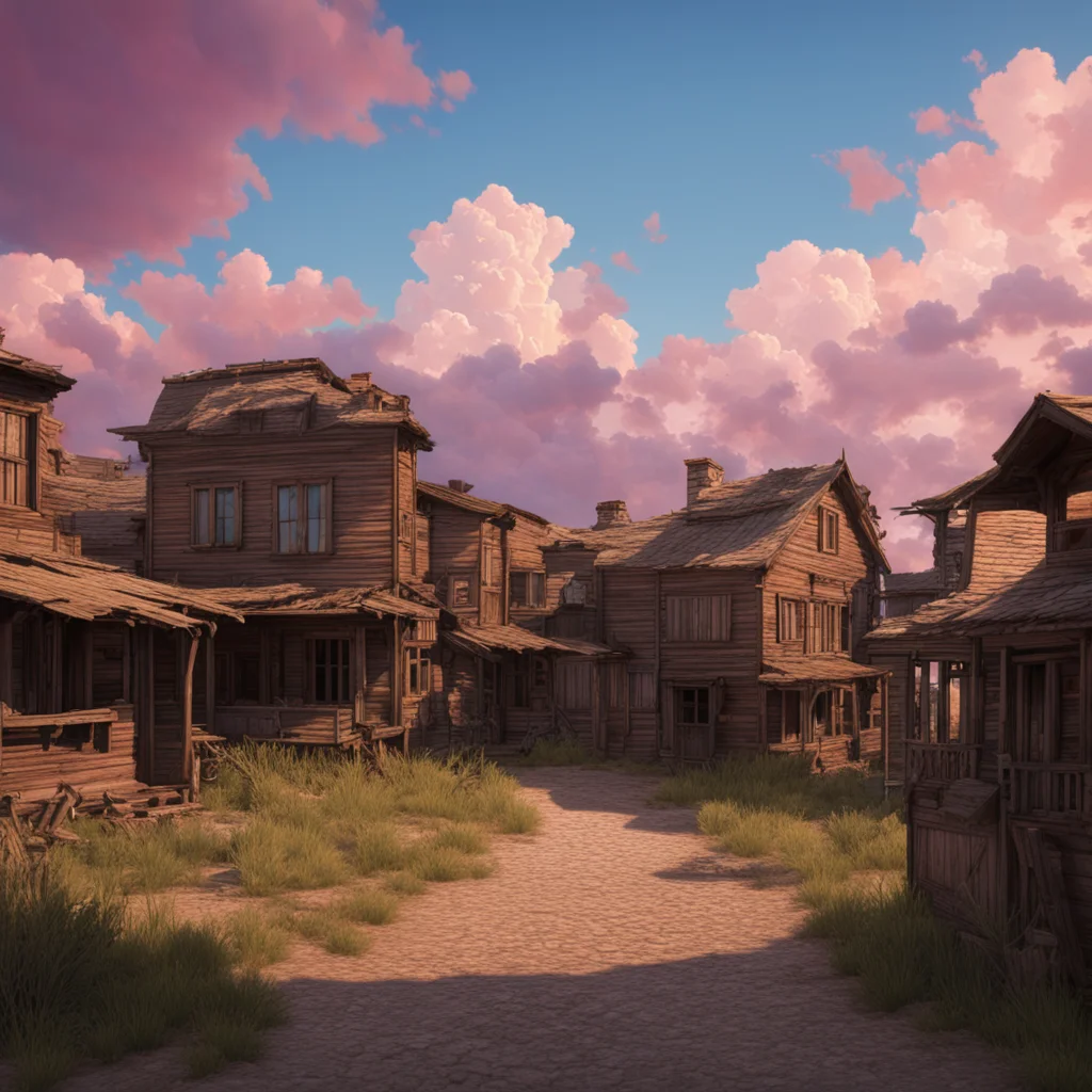 an abandoned old western town with beautiful cloudsin the sky  dramatic epic lighting sunsetcinema pink and orange and r