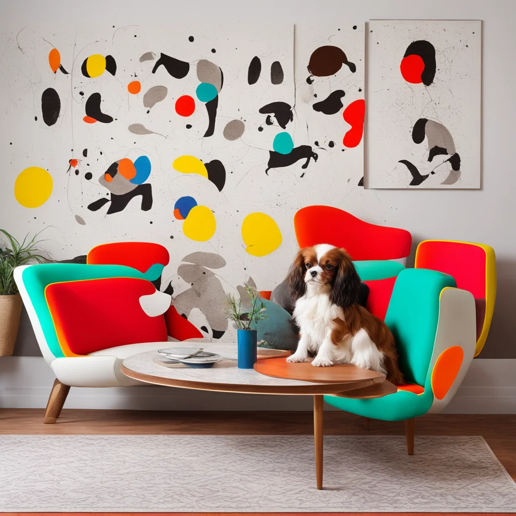 an abstract etched print of 3 brown and white cavalier king Charles chasing eachother around a colorful furniture filled