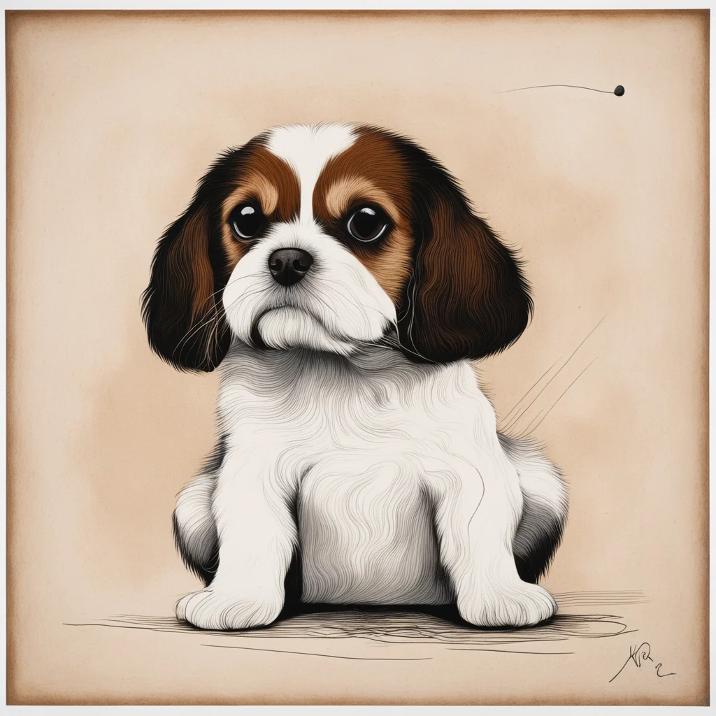 an abstract etched print of a brown and white cavalier king Charles puppy in the style of Joan Miró