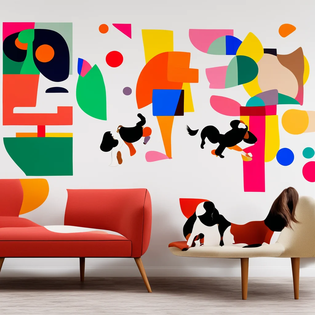 an abstract print of 3 brown and white cavalier king Charles chasing eachother around a colorful furniture filled midcen