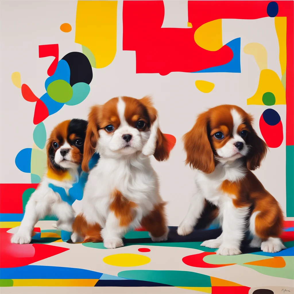 an abstract print of 3 brown and white cavalier king Charles puppies frolicking playfully in a colorful midcentury livin