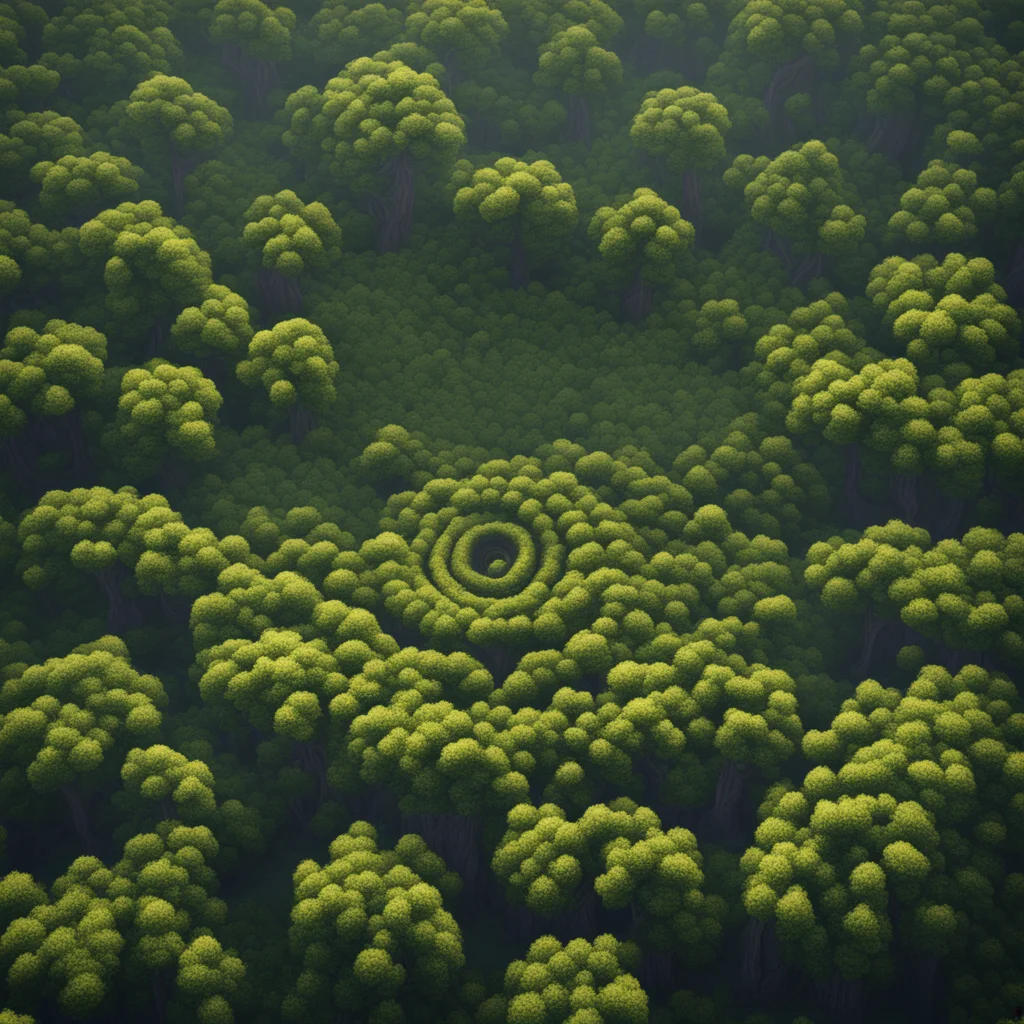 an aerial view of a forest in spiral with a giant tree in the center florent lebrun style trending on artstation  photog