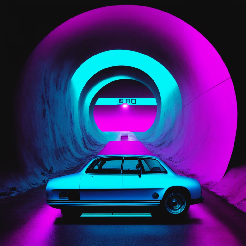 an album cover made in 1985 synthwave genre band called BRO using blue tones only about a car exiting a tunnel art cinem